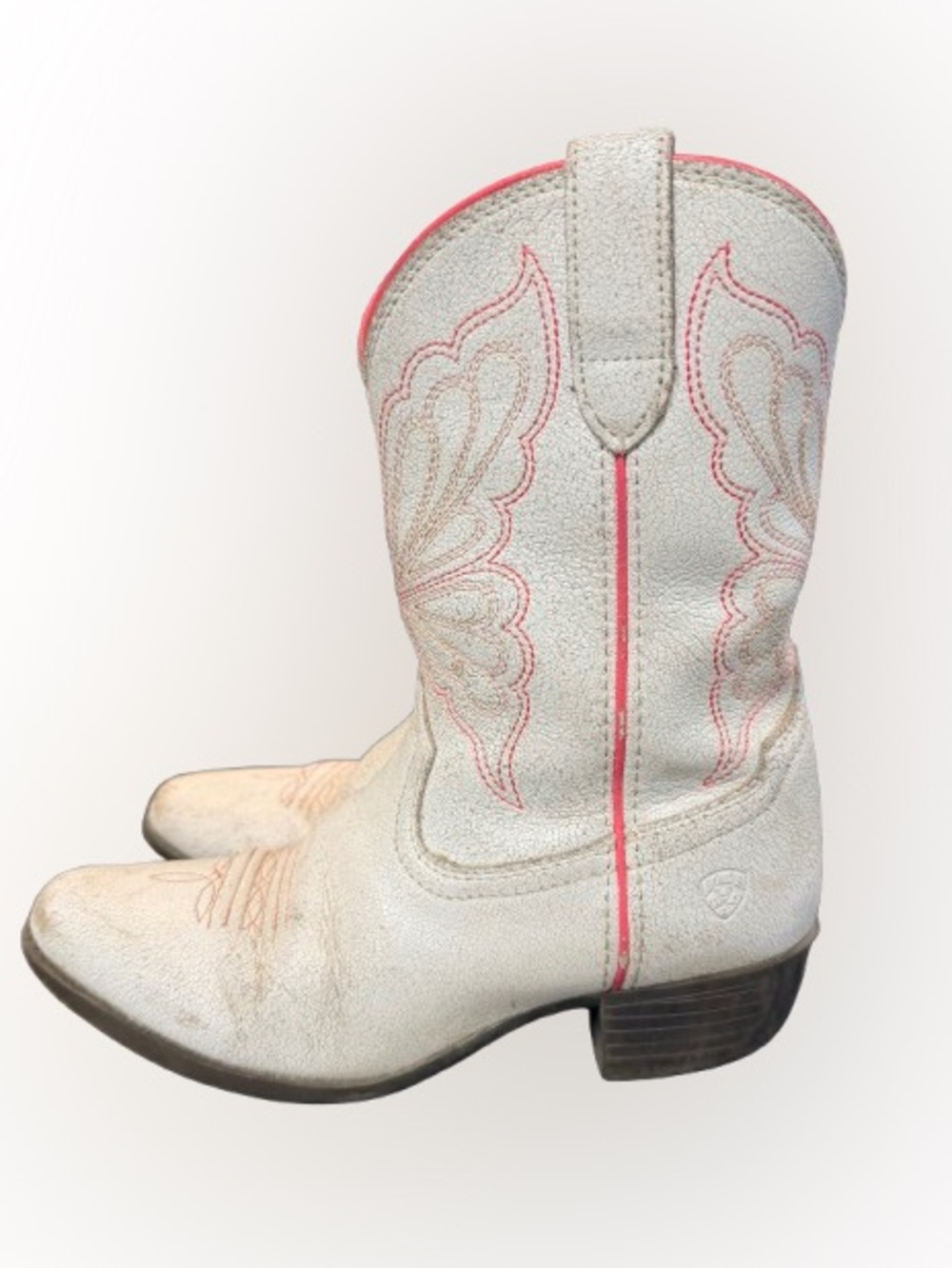Ariat Girls Cowboy Boots Size 2 Distressed White Pink Stitch Western Cowgirl